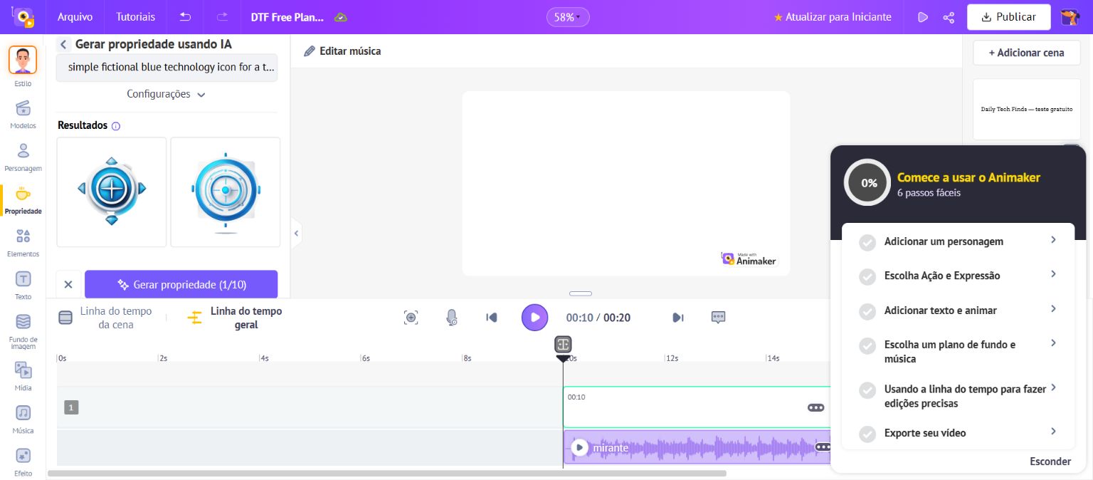 Animaker editor showing animation and AI property result