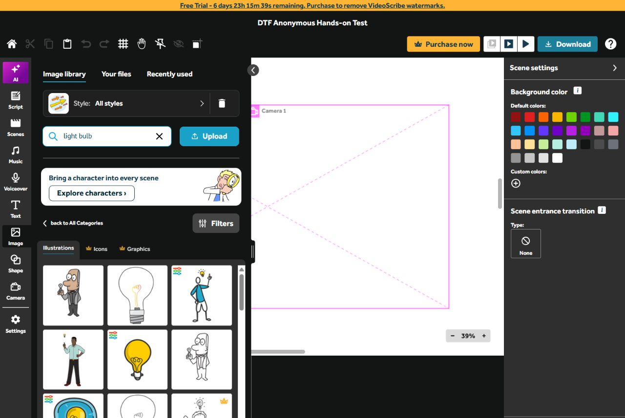 VideoScribe image library with light bulb search results and scene workspace