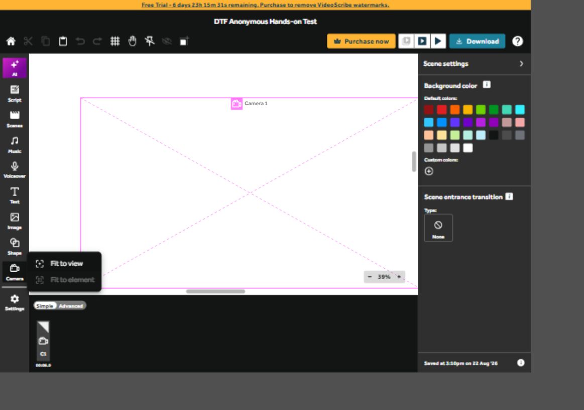 VideoScribe camera scene and timeline controls in an authenticated test project