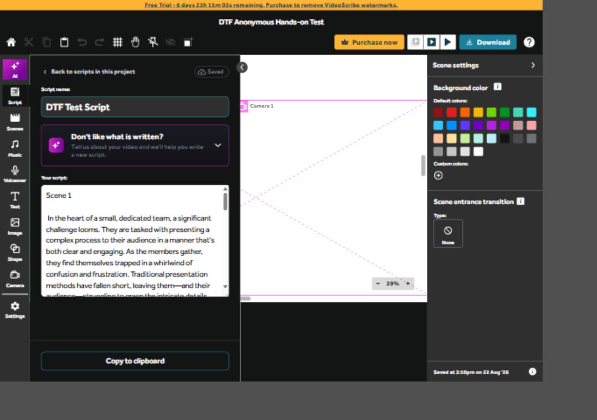 VideoScribe AI Script panel showing the DTF Test Script result divided into scenes