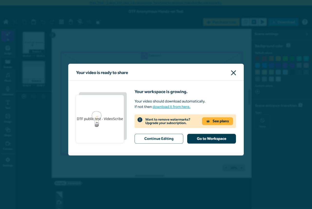 VideoScribe export-ready dialog with visible upgrade prompt to remove watermarks